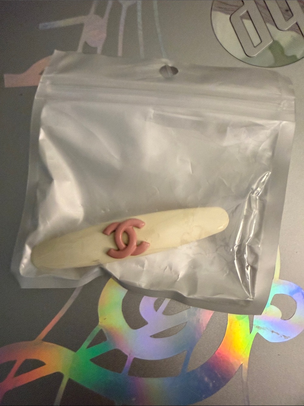 CHANEL Ivory Hair Clip with Pink CC Accent